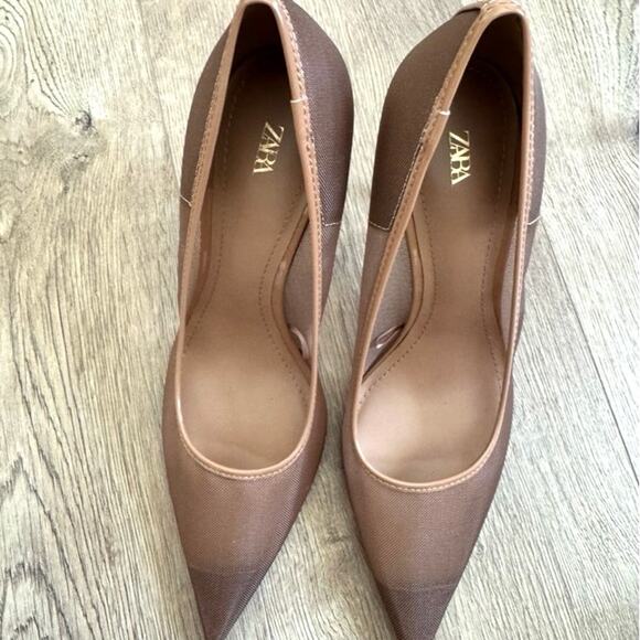 ZARA HEELED MESH SHOES BEIGE NUDE POINTED PUMPS SIZE 40 - Picture 6 of 6